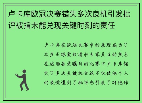卢卡库欧冠决赛错失多次良机引发批评被指未能兑现关键时刻的责任