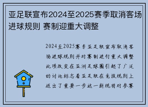 亚足联宣布2024至2025赛季取消客场进球规则 赛制迎重大调整