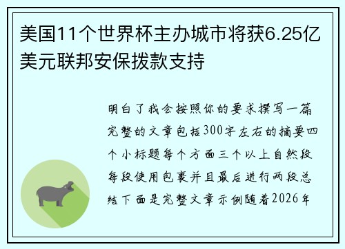 美国11个世界杯主办城市将获6.25亿美元联邦安保拨款支持 美国11个世界杯主办城市将获6.25亿美元联邦安保拨款支持